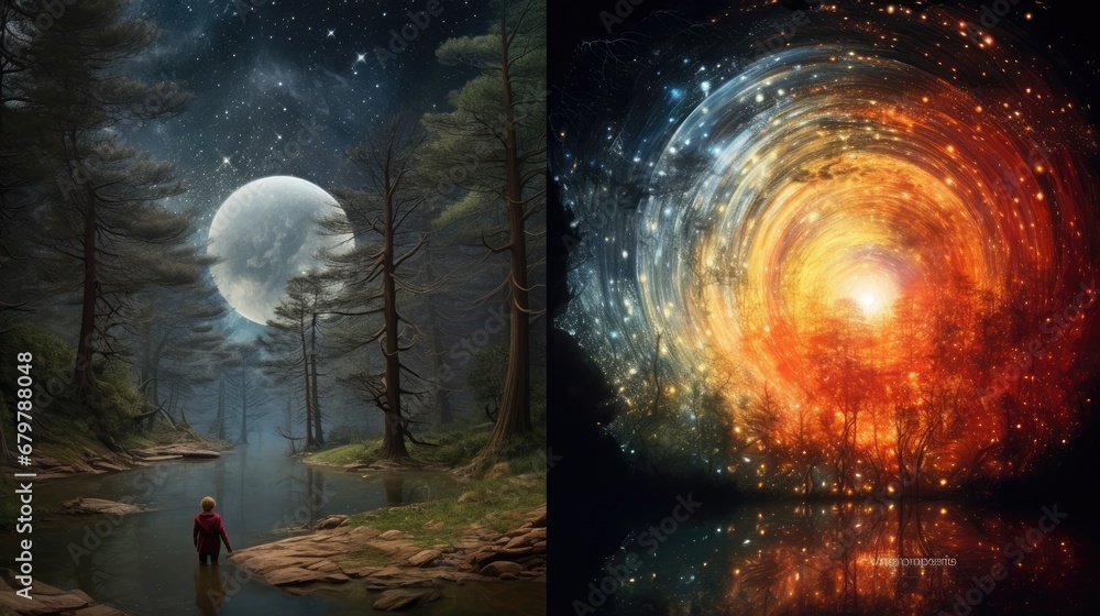  two paintings of a person walking in a forest at night and a painting of a person walking in the woods at night.