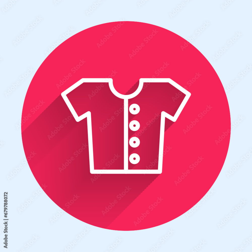 White line Baby t-shirt icon isolated with long shadow background. Baby clothes symbol. Kid wear sign. Red circle button. Vector