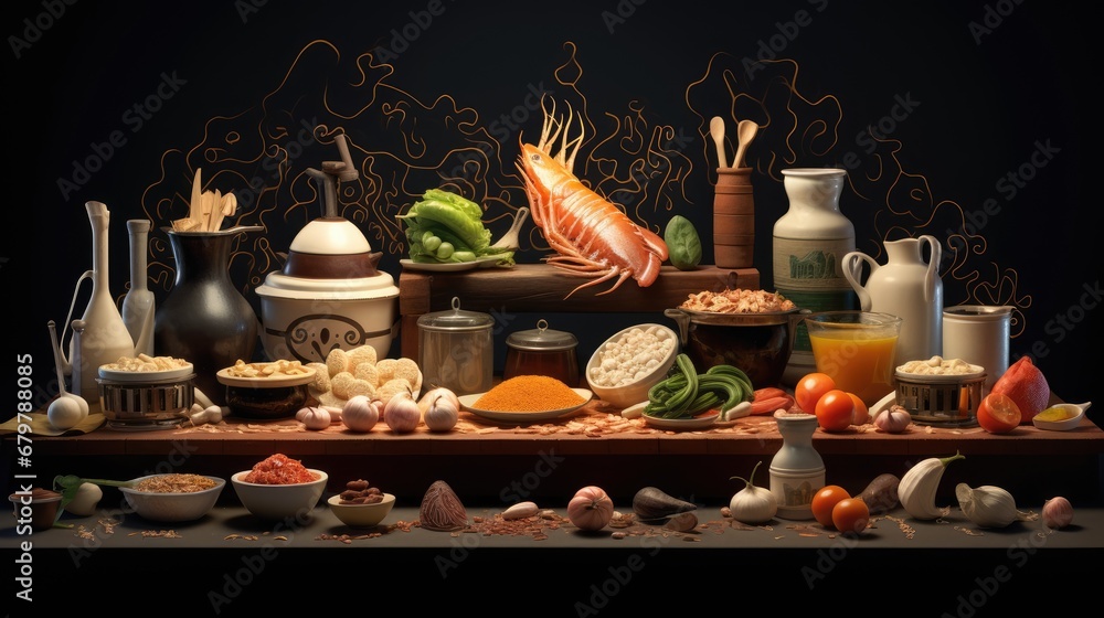  a table topped with lots of different types of food and a painting of a fish on top of a table.