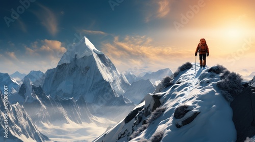 On the top of the snow, Mount Everest, There is a climber. photo