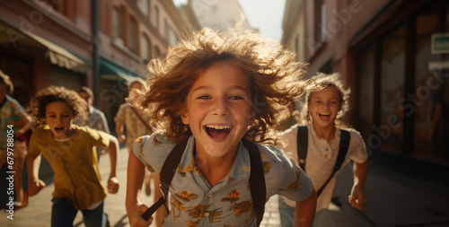 Happy kids sprint through the school's hallways. Generative Ai. © MinixT