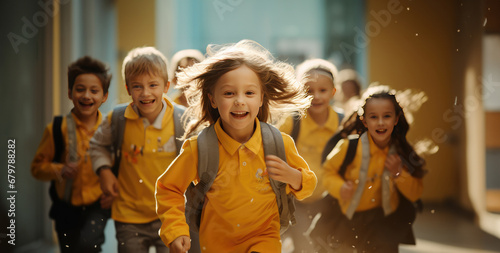 Happy kids sprint through the school's hallways. Generative Ai.