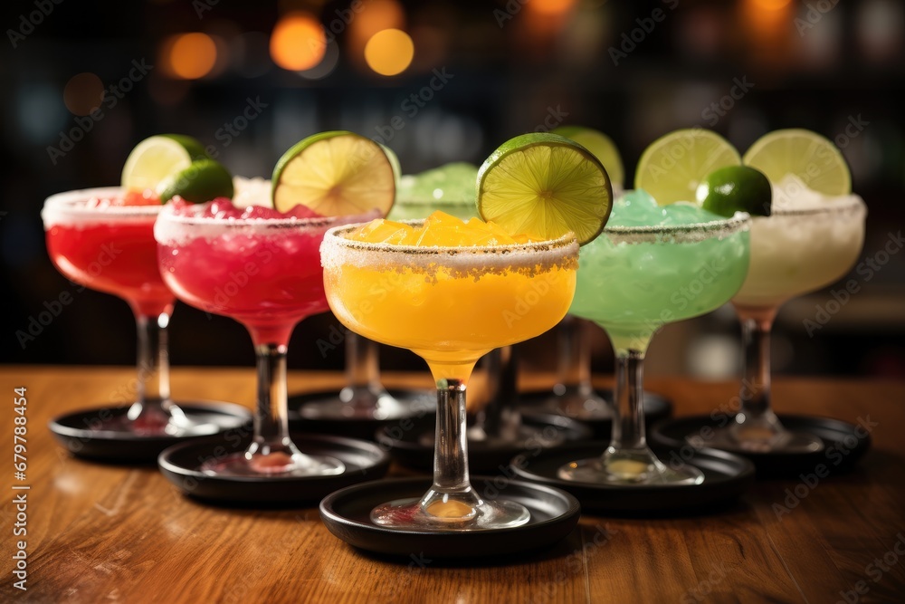 Different Flavored Margaritas on a wooden table at sports bar in a Classic Margarita Glass. Different Flavored Margaritas on a wooden table at sports bar in a Classic Margarita Glass.