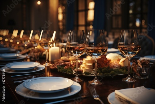 A luxurious scene of a wealthy businessman banquet, Where people enjoy fine wine and delicious food, Luxurious party.