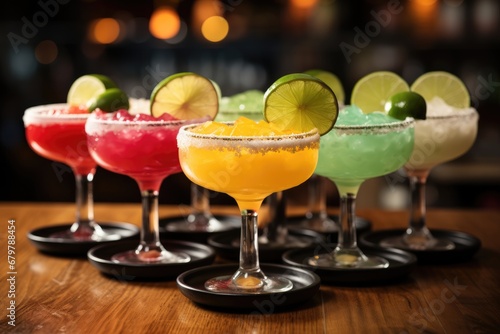 Different Flavored Margaritas on a wooden table at sports bar in a Classic Margarita Glass.