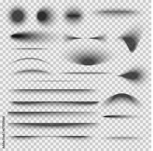 Collection of realistic vector shadows on isolated transparent background. Set of design elements or web page and object, banner, postcard, business card, flyer, poster. Dividing lines, circles 