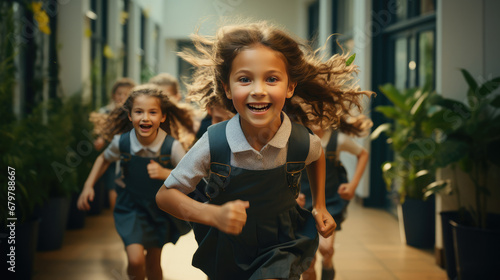 Happy kids sprint through the school's hallways. Generative Ai.