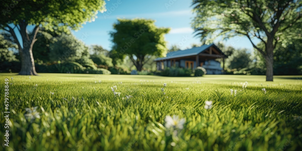 Green lawn with smooth grass near the home. Generative Ai. Green lawn with smooth grass near the home. Generative Ai.