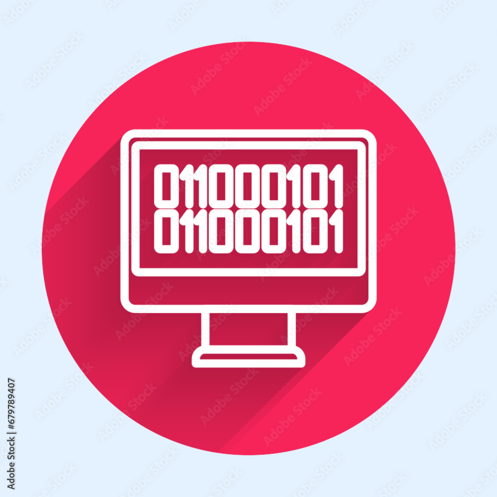 White line Binary code icon isolated with long shadow background. Red circle button. Vector White line Binary code icon isolated with long shadow background. Red circle button. Vector