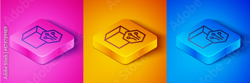 Isometric line NFT Digital crypto art icon isolated on pink and orange, blue background. Non fungible token. Square button. Vector