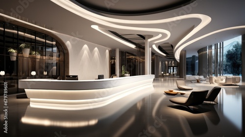 Foto The design of the hotel front desk lobby is mainly in black and white