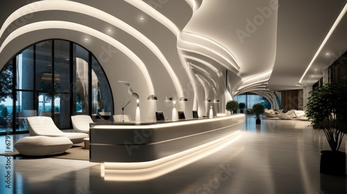 The design of the hotel front desk lobby is mainly in black and white.