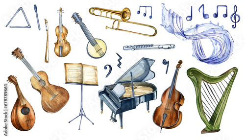 Set of classical musical instruments watercolor illustration isolated on white background. Hand drawn piano, harp, treble clef. Elements for a music project. Painted flute, mandolin and violin