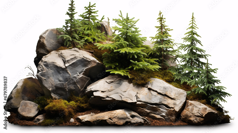 A secluded rock surrounded by evergreen trees, adorned with a decorative bush, provides a scenic landscape. A secluded rock surrounded by evergreen trees, adorned with a decorative bush, provides a scenic landscape.