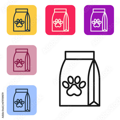 Black line Bag of food for pet icon isolated on white background. Food for animals. Dog bone sign. Pet food package. Set icons in color square buttons. Vector