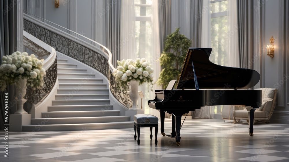 Piano room inside of a luxury home next to an elegant staircase. Stock ...