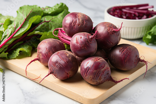 whole beets with tops on a wooden cutting board