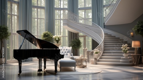 Piano room inside of a luxury home next to an elegant staircase.