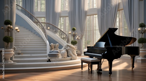 Piano room inside of a luxury home next to an elegant staircase.