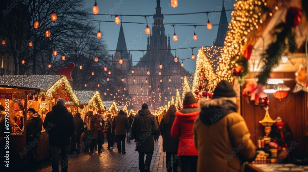  a crowd of people walking down a street with christmas lights on the side of buildings and a cathedral in the background.