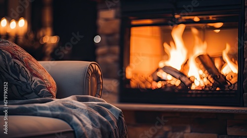  a couch sitting in front of a fire place with a blanket on top of it and lit candles in the background.