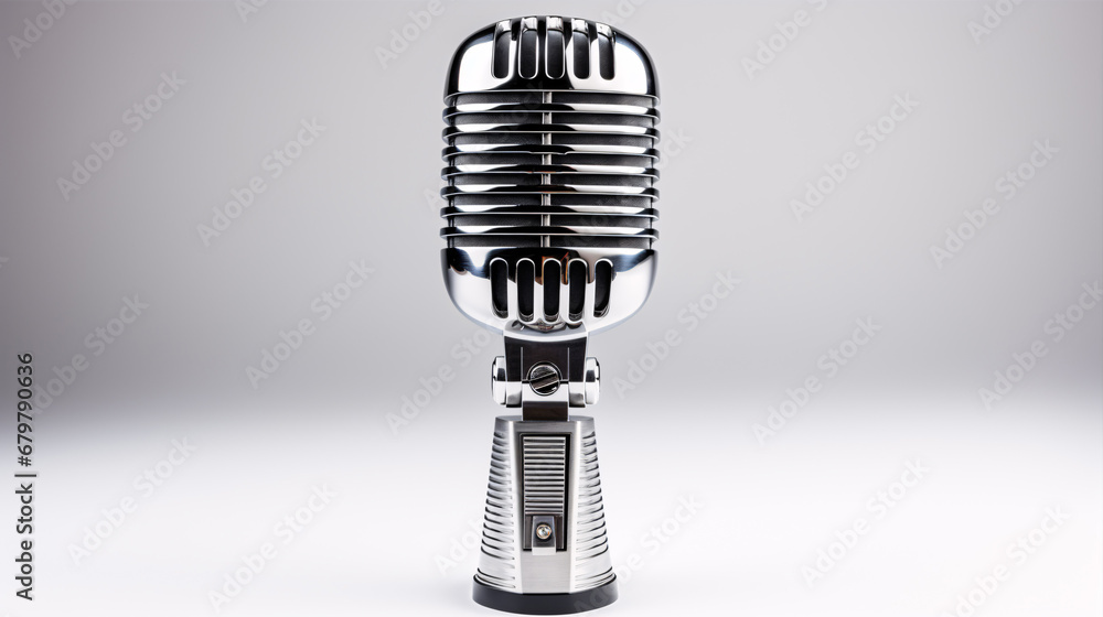 A throwback-style microphone is isolated on a pale surface. A throwback-style microphone is isolated on a pale surface.