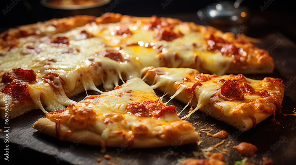 Close-up of a freshly baked pizza, delicious, advertising Close-up of a freshly baked pizza, delicious, advertising