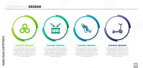 Set Fidget spinner, Drum with drum sticks, Toy plane and Roller scooter. Business infographic template. Vector