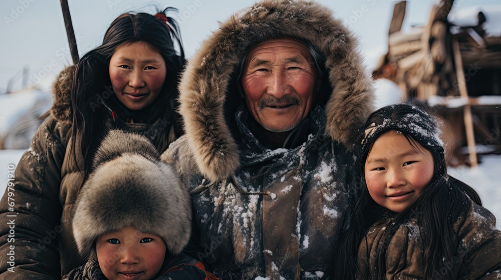 Inuit family posing next the house. - obrazy, fototapety, plakaty 