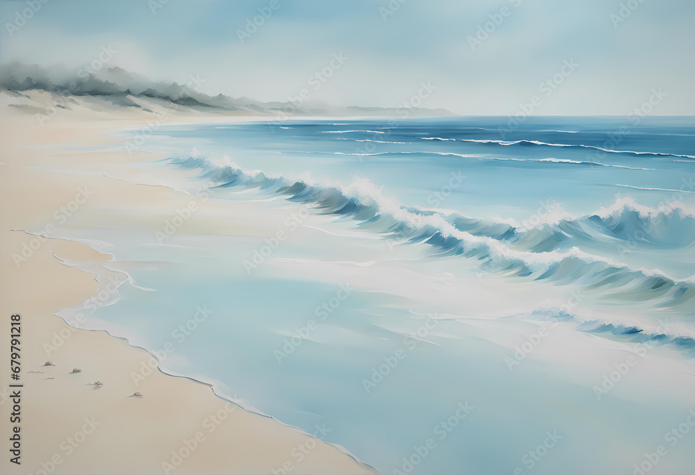 beach scene painting with waves crashing on the sand, light blue mist, gentle zen minimalist, beach, evokes delight, connectedness, artwork empty daylight, beautiful ocean
