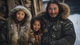 Inuit family posing next the house.