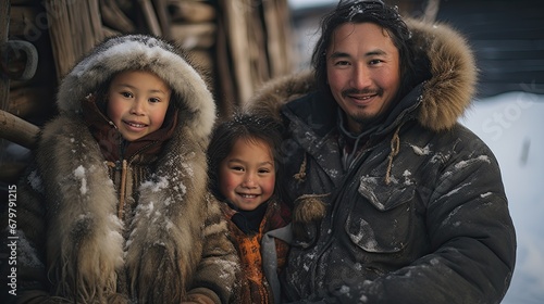 Inuit family posing next the house. photo