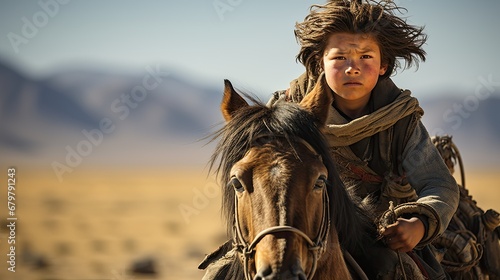 Mongolian boy riding a horse. © MiguelAngel