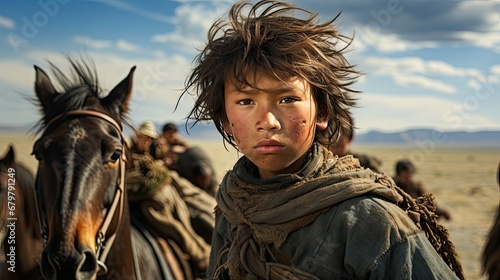 Mongolian boy riding a horse. © MiguelAngel