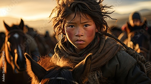 Mongolian boy riding a horse.
