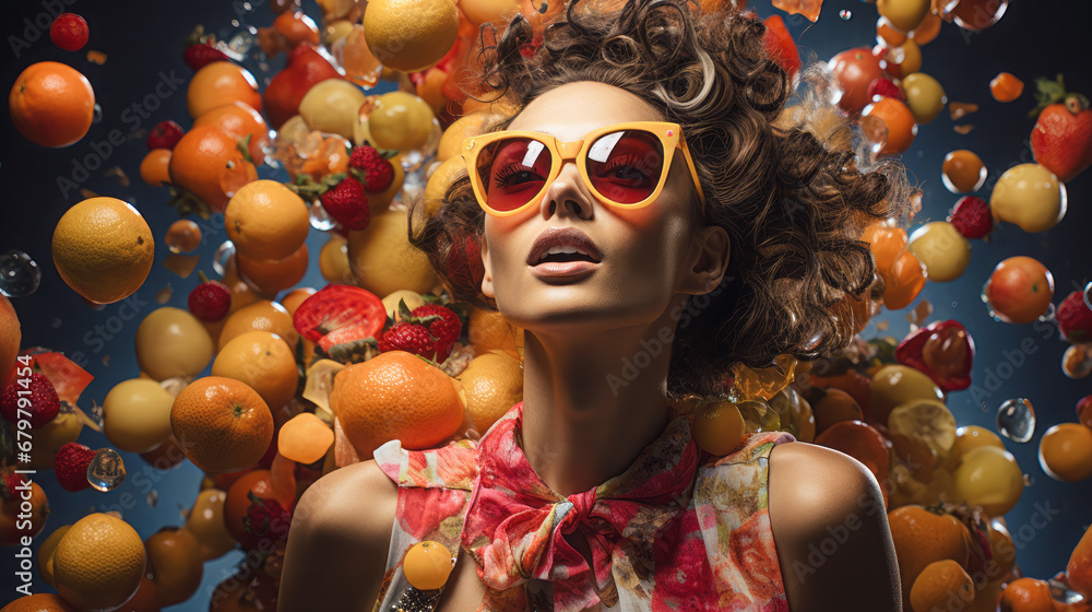 Creative portrait of an attractive girl with glasses and floating fruit in her hair and around her. Vintage inspired style. - obrazy, fototapety, plakaty 