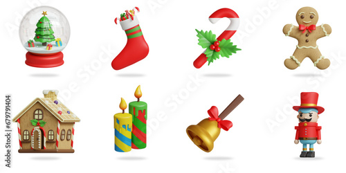 christmas 3D vector icon set.
glass snow globe christmas decorative ball,christmas socks,christmas candy,gingerbread,dessert house,christmas candles,bell,military robot
