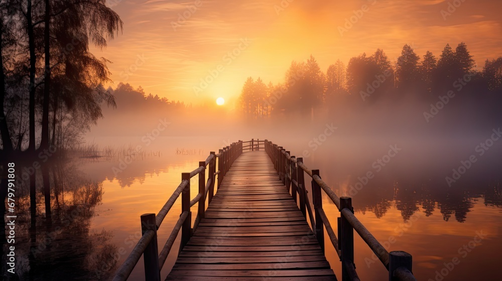  a dock in the middle of a body of water with trees in the background and the sun setting in the distance.