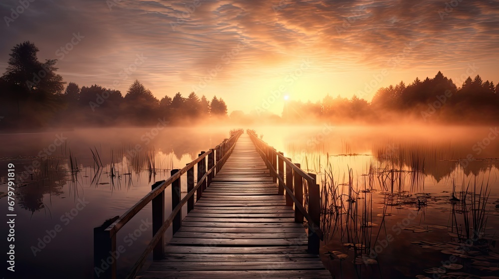  a dock in the middle of a body of water with a sunset in the background and fog in the air.