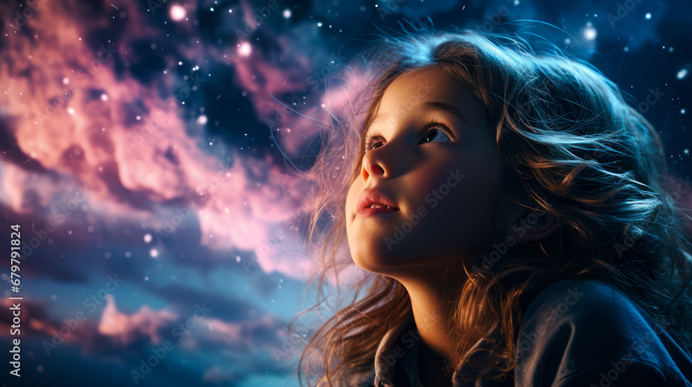 A cute little girl is looking at the starry Christmas night sky. A cute little girl is looking at the starry Christmas night sky.