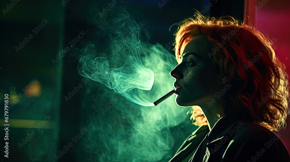  a woman with red hair smoking a cigarette in a dark room with smoke coming out of her mouth and green smoke coming out of her mouth.