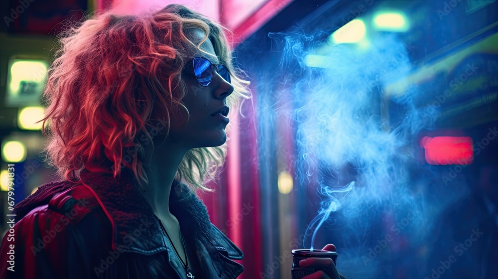  a woman in sunglasses smoking a cigarette in front of a neon lit building with red and blue smoke coming out of her mouth.