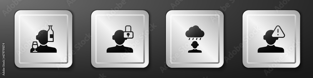 Set Alcoholism, Closed personality, Depression and frustration and Finding problem in psychology icon. Silver square button. Vector Set Alcoholism, Closed personality, Depression and frustration and Finding problem in psychology icon. Silver square button. Vector