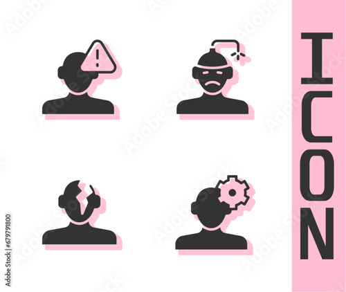 Set Solution problem in psychology, Finding a, and Concussion, headache icon. Vector