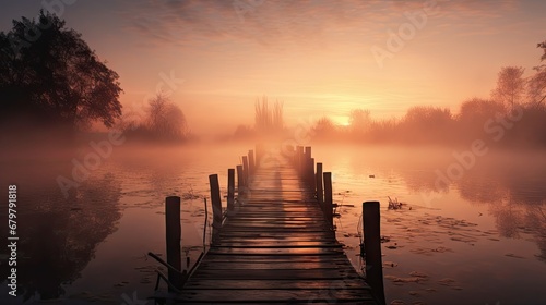  a wooden dock sitting in the middle of a lake on a foggy day with a clock tower in the distance.