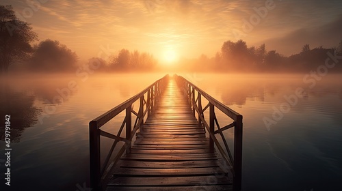  a dock in the middle of a body of water with the sun rising over the water and trees in the background.