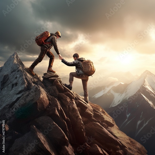 Hiker helping friend reach the mountain top -Generative AI