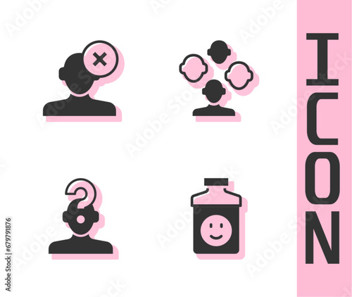 Set Antidepressants, Solution problem in psychology, Human with question mark and Schizophrenia icon. Vector