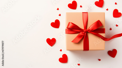 Gift box with red ribbon and red heart on white background. A gift for valentine's day or birthday. © Алекс Ренко