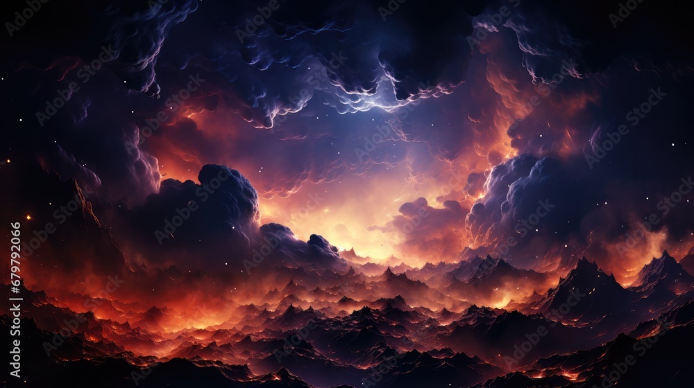 Fototapeta premium Space nebula on fire with purple and black flames.